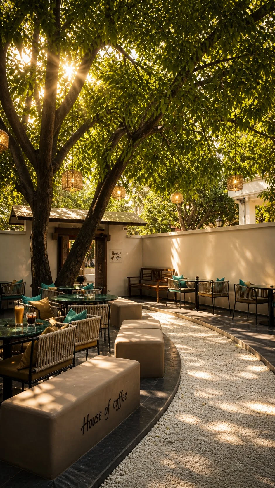House of Coffee garden seating under trees