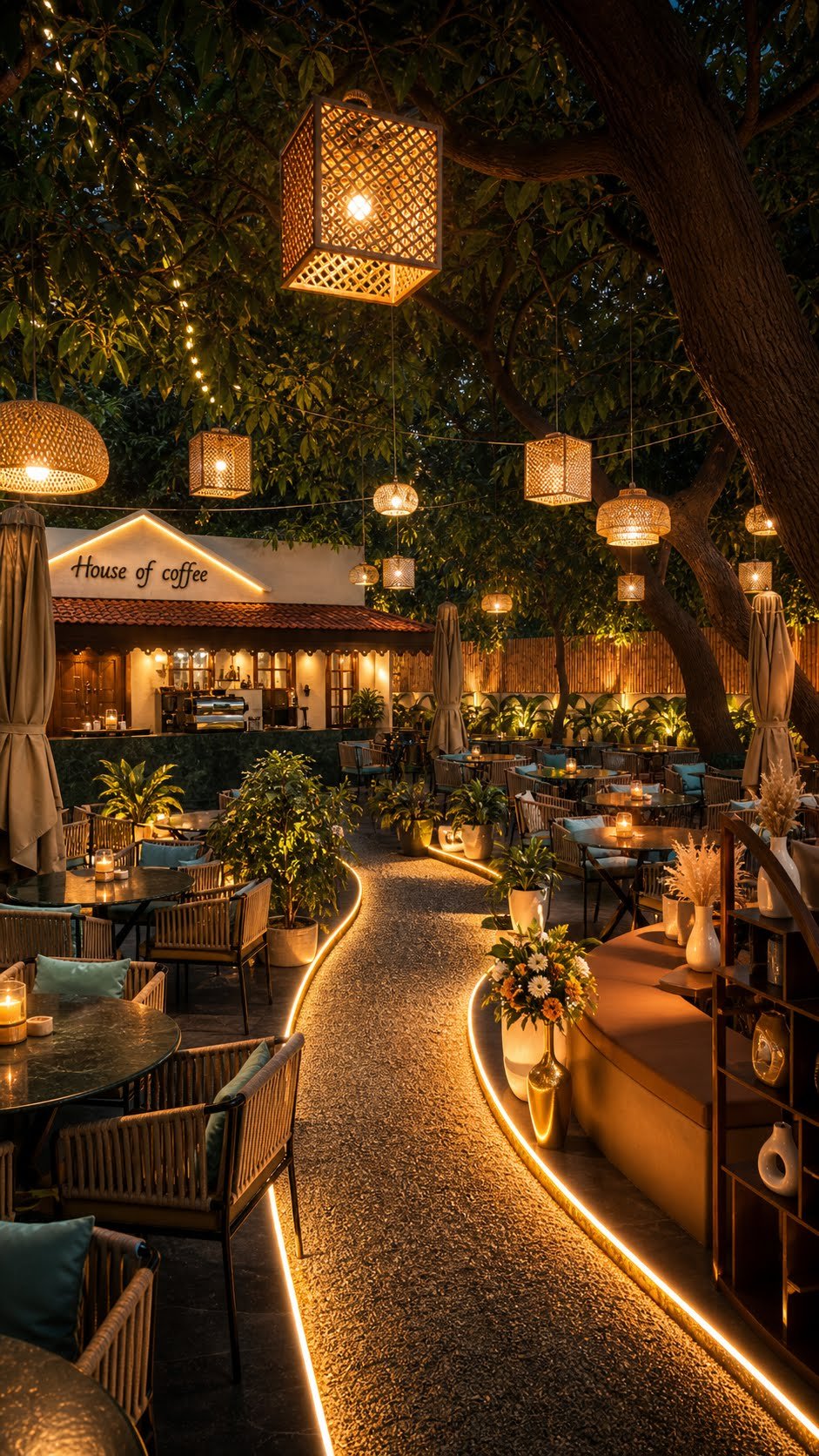 House of Coffee garden lit up at night